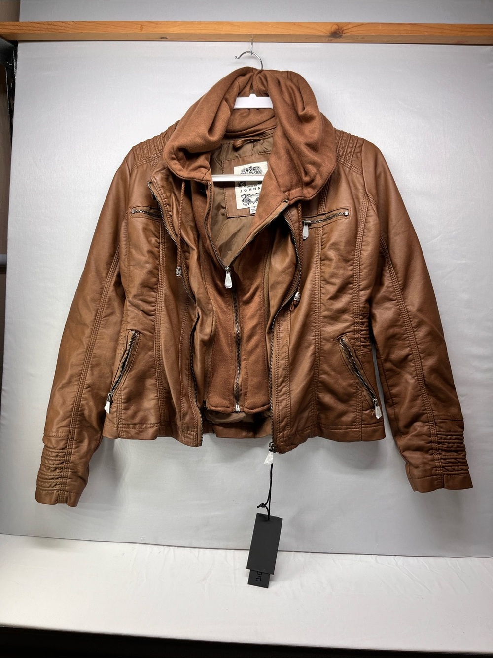 Women's Brown Faux Leather Zip-Front Jacket with Detachable Hood
